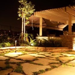 A patio with lights and plants in the middle of it.