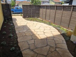 A walkway with a stone pattern in the middle of it.