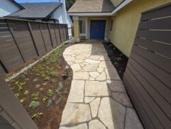 A walkway with a stone path leading to the side of a house.